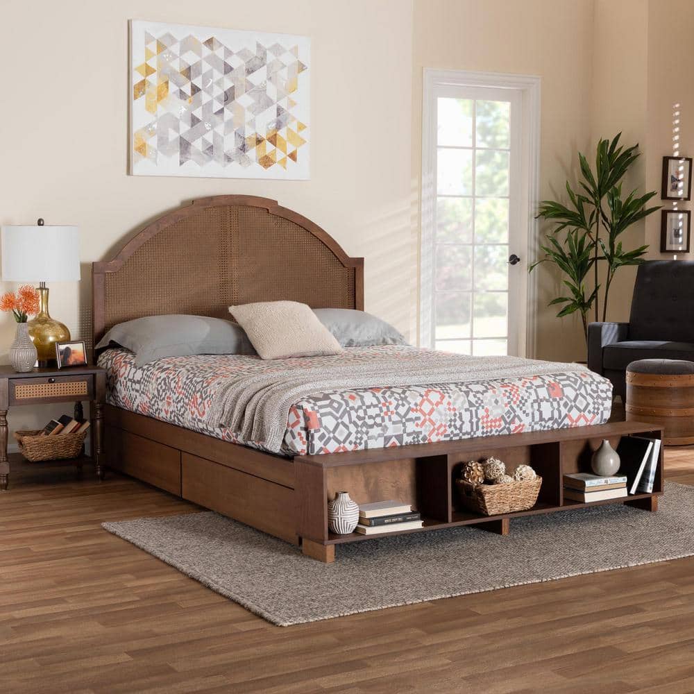 Walnut Brown Queen Bed with Rattan Headboard and Storage Drawers