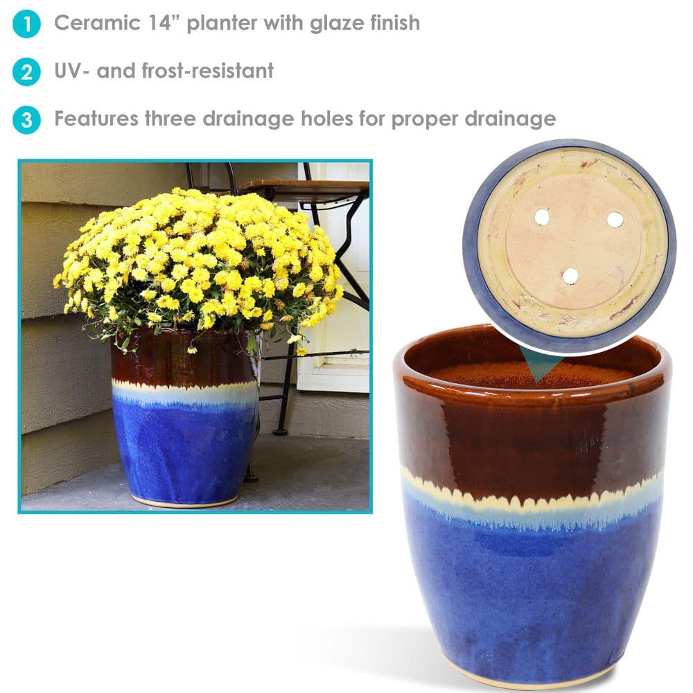 Beachcomber 14-Inch Glazed Ceramic Indoor/Outdoor Planter