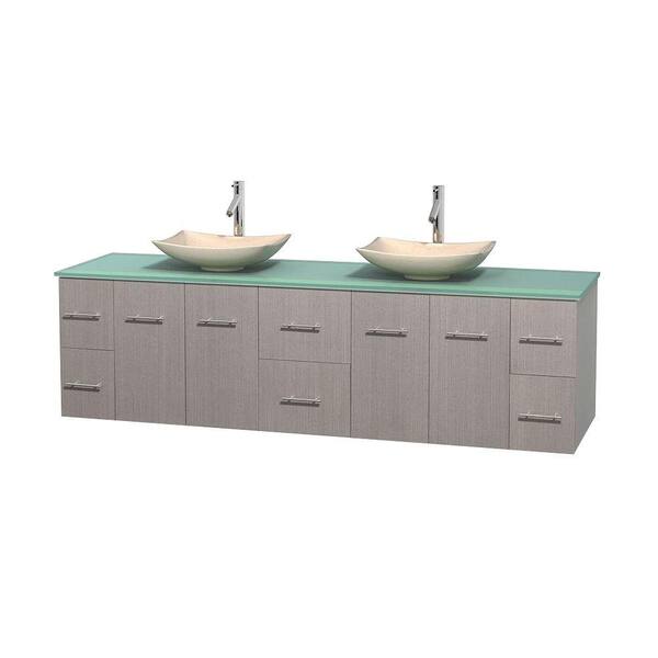 Wyndham Collection Centra 80 in. Double Vanity in Gray Oak with Glass Vanity Top in Green and Sinks