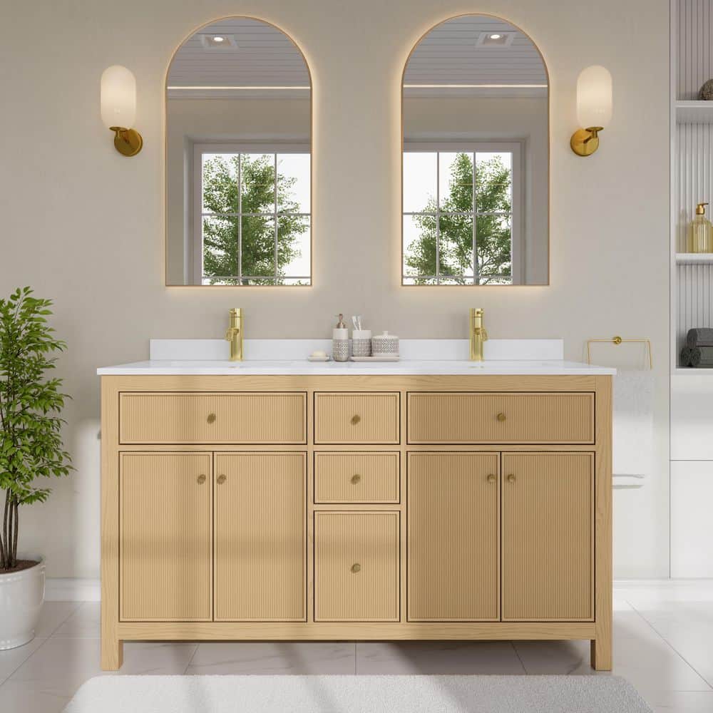 Pendry 60 in. Double Freestanding Tanned Oak Bath Vanity with White Cultured Marble Top Assembled price history on PriceWatchPro