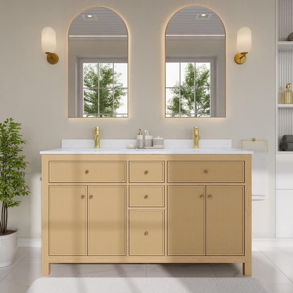 Pendry 60 in. Double Freestanding Tanned Oak Bath Vanity with White Cultured Marble Top Assembled