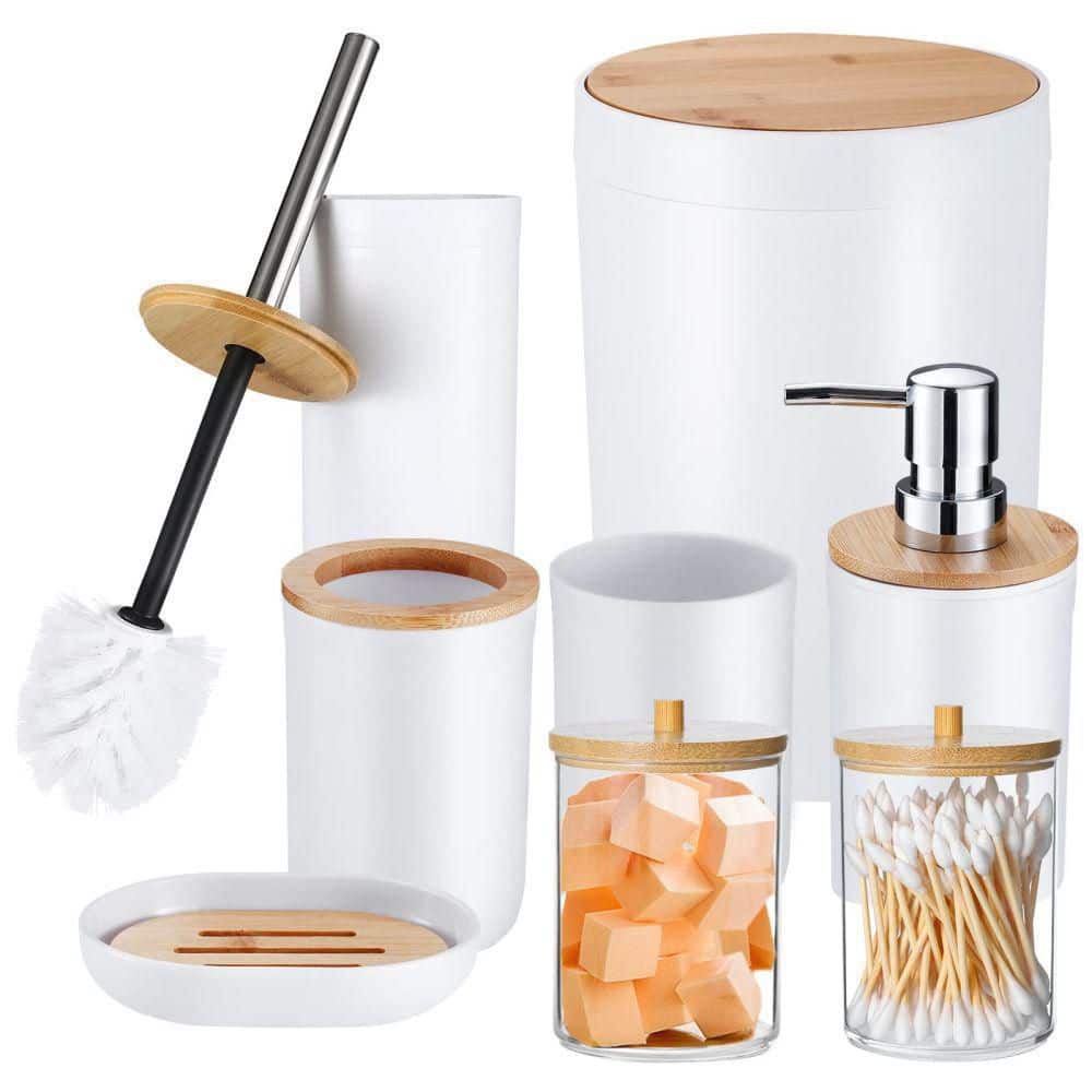 Bathroom Accessories Set, Bamboo And Wood Bathroom Set, Toilet Brush, Trash  Can, Mouthwash Cup, Soap Dispenser, Soap Dish, Toothbrush Holder, Bathroom  Supplies, Bathroom Accessories Set - Temu