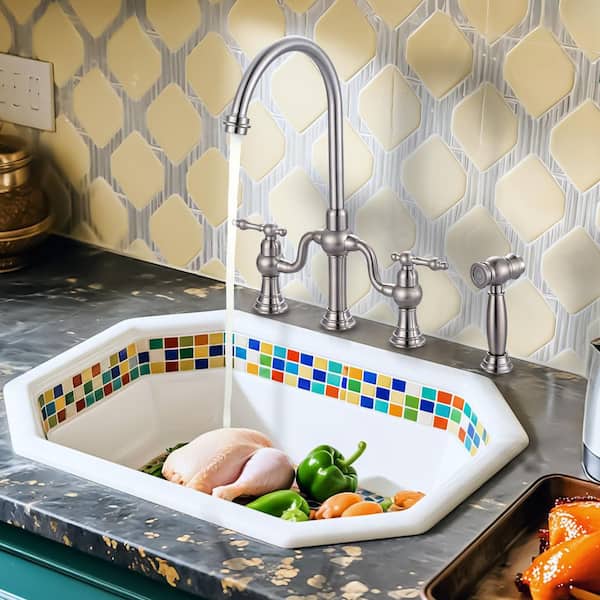 8 in. Centerset 4 Hole Double Handle Brass Bridge Kitchen Faucet with Side Sprayer in Brushed Nickel