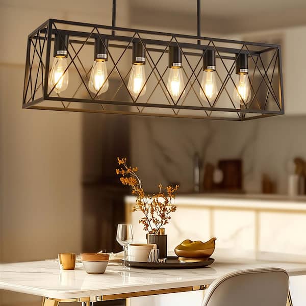 Briignite 6-Light Modern Rectangle Chandelier for Dining Room, Large Black Farmhouse Pendant Light Fixture for Kitchen Island