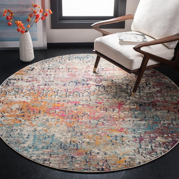 Madison Gray/Pink 9 ft. x 9 ft. Round Geometric Area Rug
