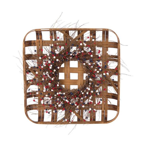 Glitzhome 24 in. L Wooden Tobacco Basket with 24 in. D Patriotic Red/White/Blue Berry Wreath