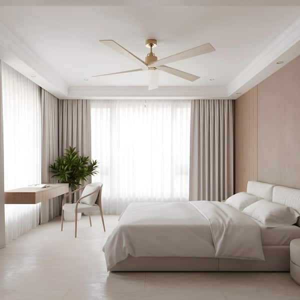 Fan Aspen 70 in. Burnished Brass Downrod Mount Standard Ceiling Fan with Washed White Oak Blades and Remote