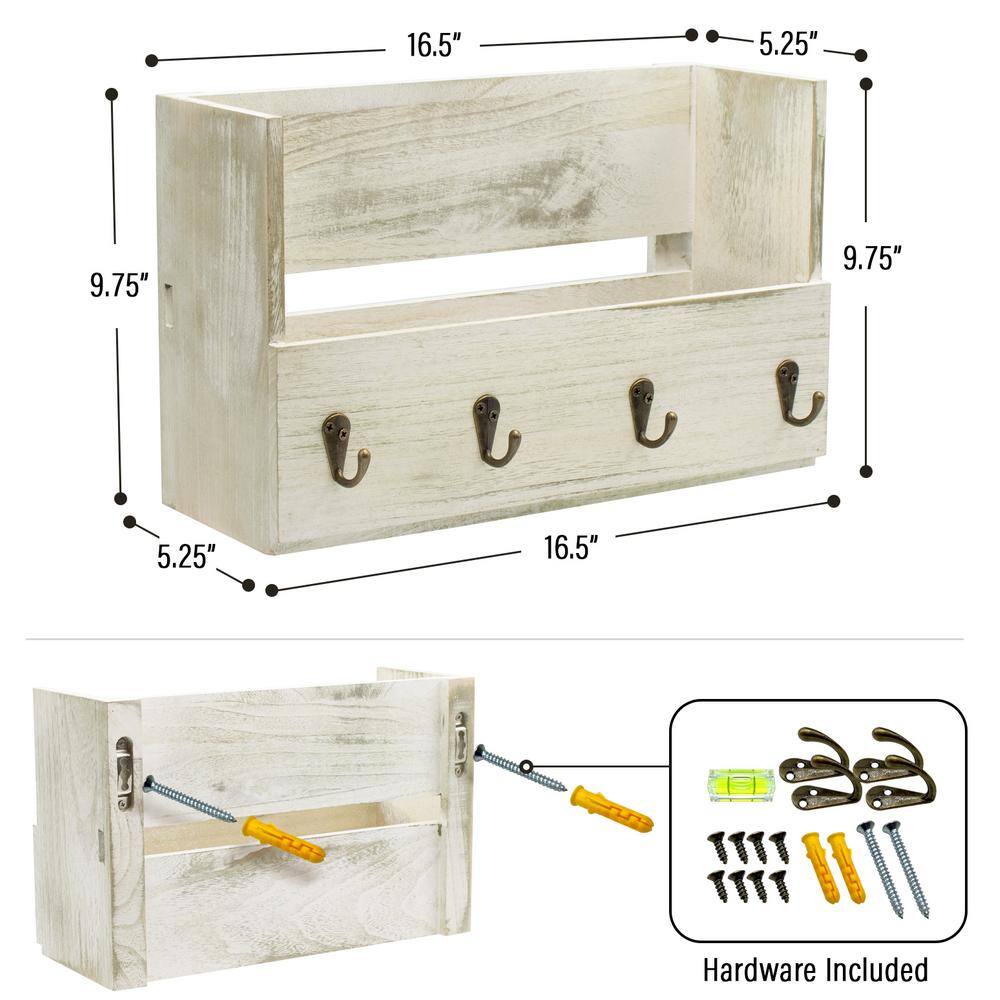 Gray Light Wood Floating Wall Shelf with Hooks