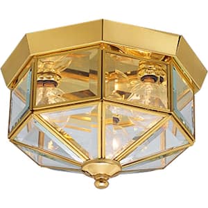 3-Light Polished Brass Clear Beveled Glass Traditional Indoor Outdoor 9-3/4" Flush Mount Light
