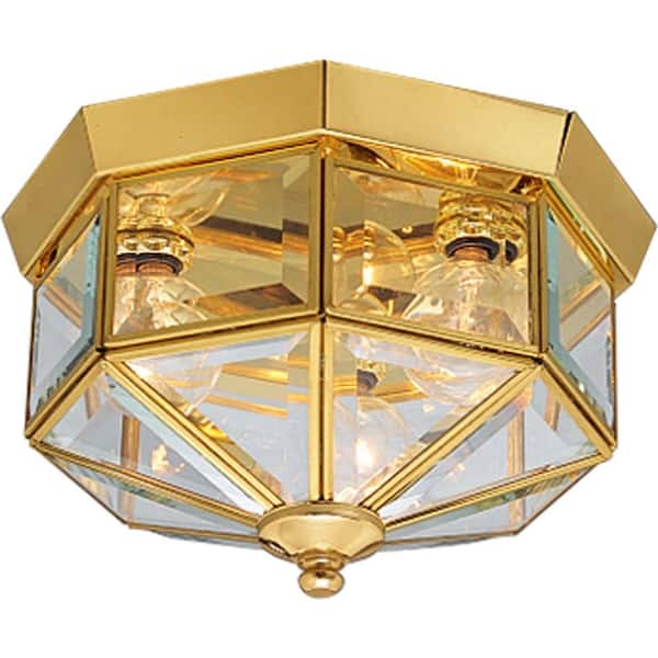 Progress Lighting 3-Light Polished Brass Clear Beveled Glass Traditional Indoor Outdoor 9-3/4" Flush Mount Light