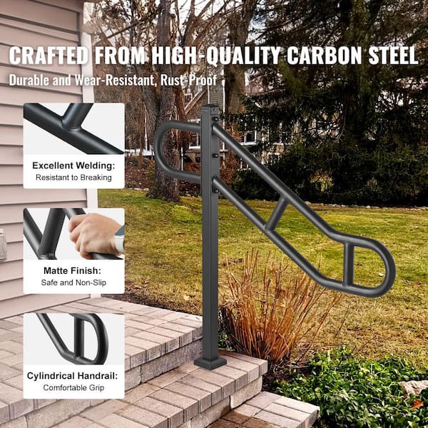 Single Post Handrail for Outdoor 1-3 Steps 35.43 in. H x 3.46 in. W Black Metal Stair Railing Kit Carbon Steel