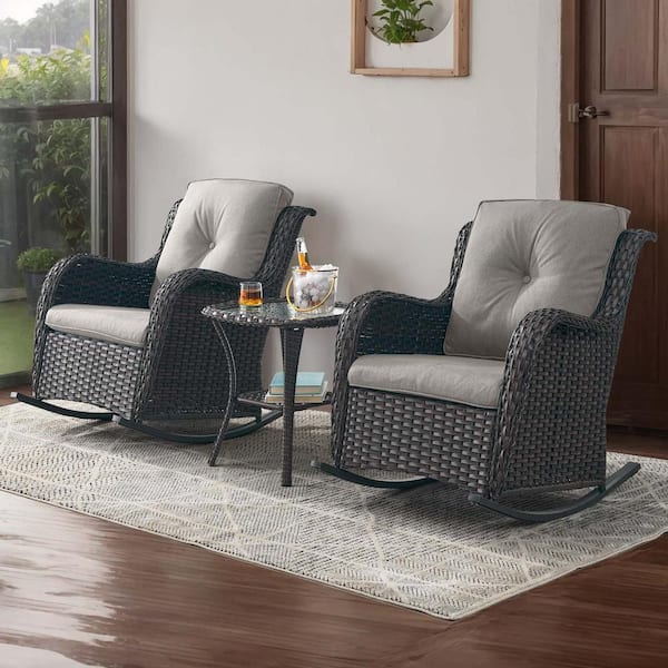 Outdoor Brown Wicker Outdoor Rocking Chair with CushionGuard Gray Cushions Patio (Set 2-Pack)