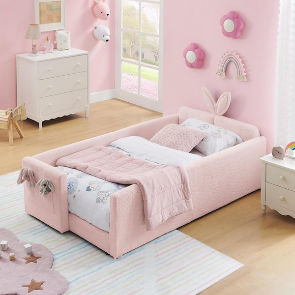 Ysmara Pink Wood Frame Boucle Upholstered Twin Platform Bed with Cute Rabbit Ear Shaped Headboard, Guard Rail & Pocket