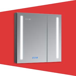 AURA 30 in.W x 30 in.H LED Medicine Cabinet Recessed Surface Clock Dimmer Defogger Cosmetic Mirror Outlet USB