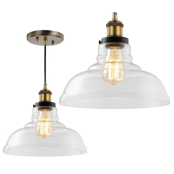 Litchfield 11 in. 1-Light Brass Gold Farmhouse Metal/Glass LED Pendant