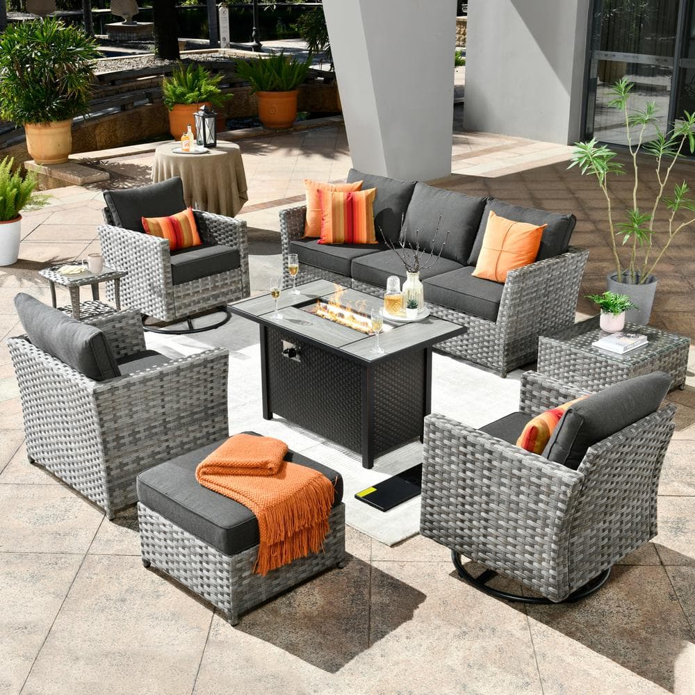 Hanes Gray 10-piece Wicker Patio Fire Pit Sectional Seating Set With 