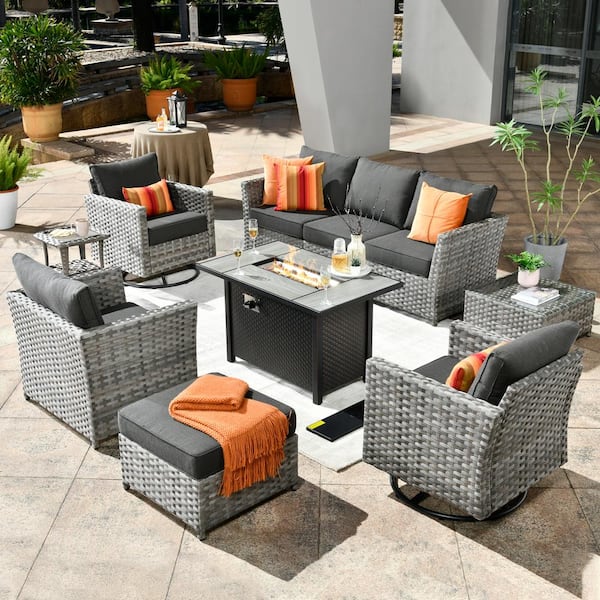 weaxty W Hanes Gray 10-Piece Wicker Patio Fire Pit Sectional Seating Set with Black Cushions and Swivel Rocking Chairs