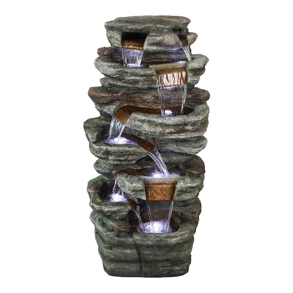 Resin Outdoor Garden Fountain -48 in. Tall 7-tier Large Outdoor Water Fountain with LED Light for Patio, Garden, Lawn