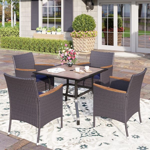 PHI VILLA Black 5-Piece Metal Patio Outdoor Dining Set with Wood-Look Square Table and Rattan Chairs with Blue Cushion