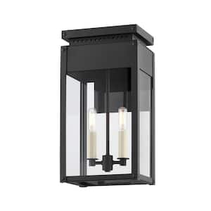 Braydan 9 in. 2-Light Textured Black Outdoor Lantern Wall Sconce with Clear Glass Shade