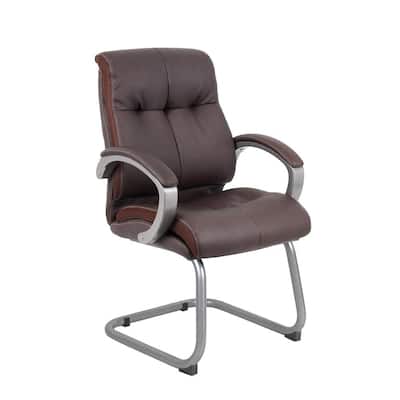 Executive Guest Chair. Brown Leather Cushions. Padded Arms. Pewter Finish Arms and Frame. Floor Glides.