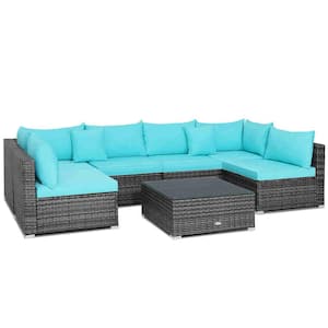 7-Piece Patio Rattan Furniture Set Sectional Sofa Cushioned Turquoise