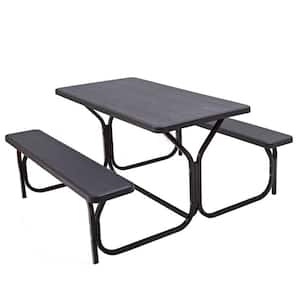 54 in. W Black Rectangle High-Density Polyethylene All Weather Outdoor Picnic Table Bench Set with Metal Base Wood