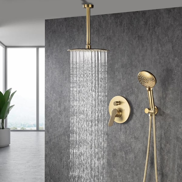 Ceiling 1-Handle 1-Spray Round High Pressure Shower Faucet with 10 in. Shower Head in Brushed Gold (Valve Included)