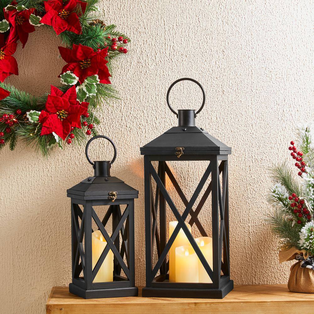 Distressed Black Wood and Metal Floor Candle Lanterns Set