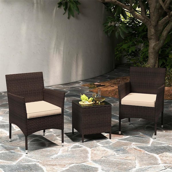 3-Piece Wicker Patio Conversation Set with Tempered Glass Tabletop and Beige Cushions