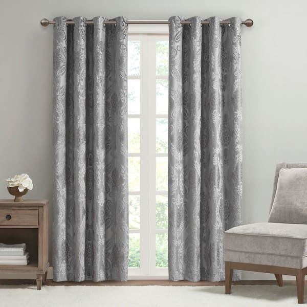 Sun Smart Loraine Grey Damask Knitted Jacquard Paisley 50 in. W x 84 in. L Blackout Grommet Top Curtain