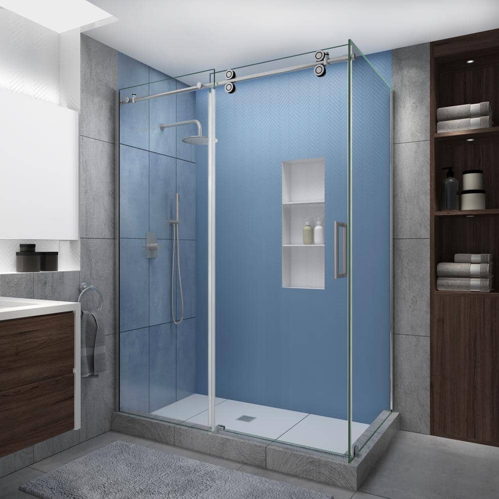 Aston Langham XL 60-64 in. x 34 in. x 80 in. Sliding Frameless Shower Enclosure StarCast Clear Glass in Stainless Steel Right -  SEN979SS643480R