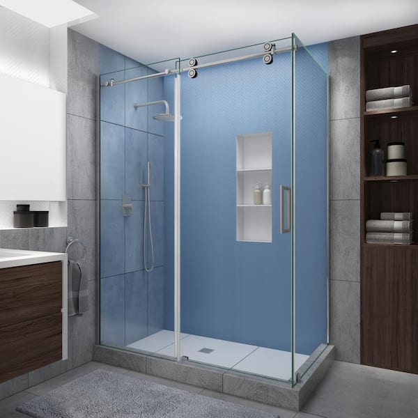 Aston Langham XL 68-72 in. x 30 in. x 80 in. Sliding Frameless Shower Enclosure StarCast Clear Glass in Stainless Steel Right