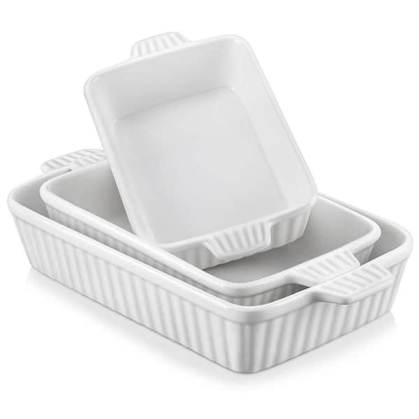 3-Piece White Rectangular Porcelain Baking Dish Set with Handles Lasagna Casserole Bakeware 11.1 in. +12.2 in. +14.7 in.