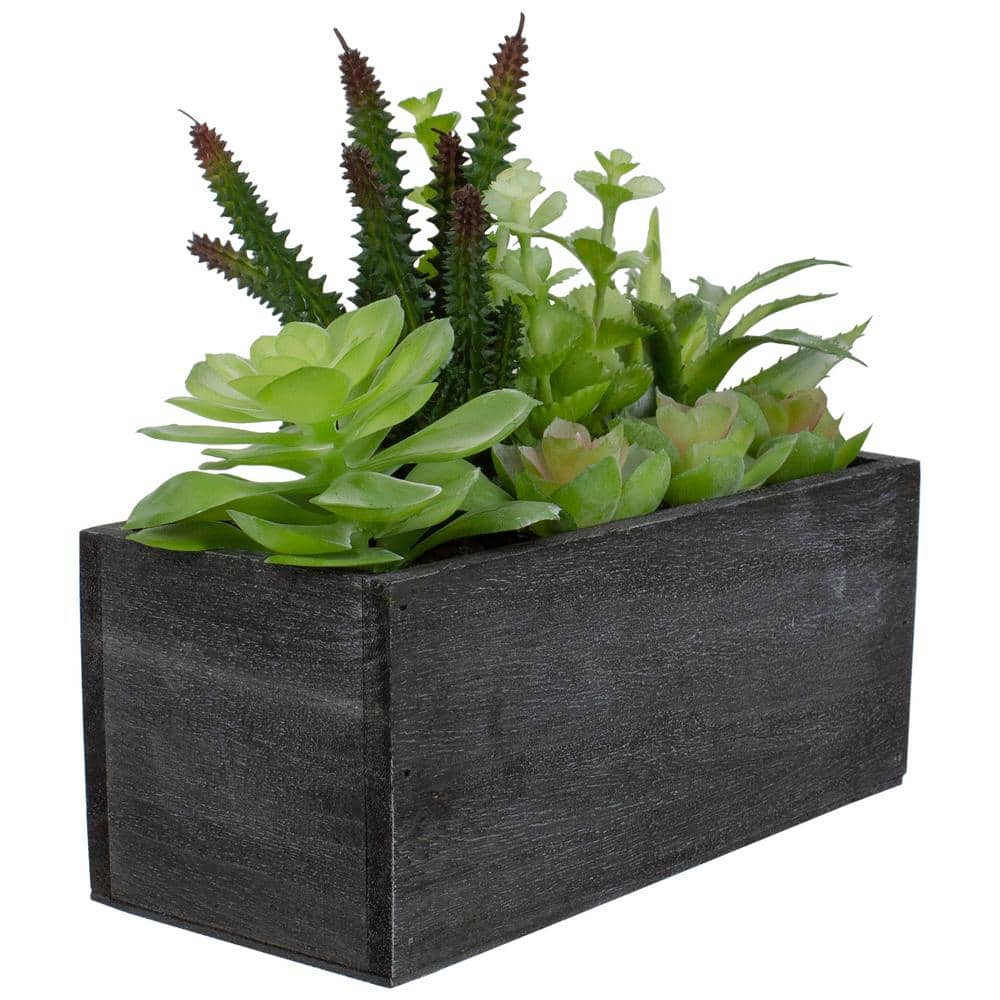 Artificial Green Succulent Arrangement in Black Wooden Planter