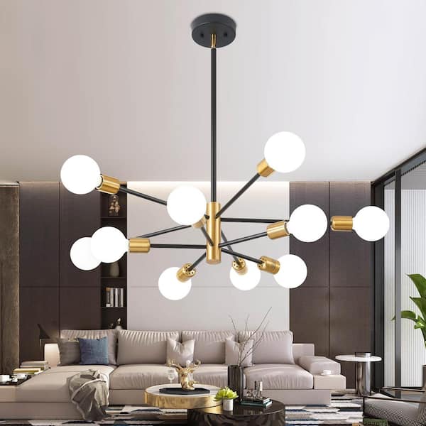 Deyidn Modern 10-Light Black and Gold Sputnik Chandelier Ceiling Light Height Adjustable with no Bulbs Included