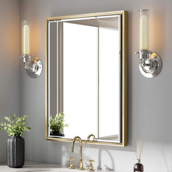 OnaBella 24 in. W x 32 in. H Rectangular Aluminum Thin Framed Wall Mount Beveled Bathroom Vanity Mirror in Gold