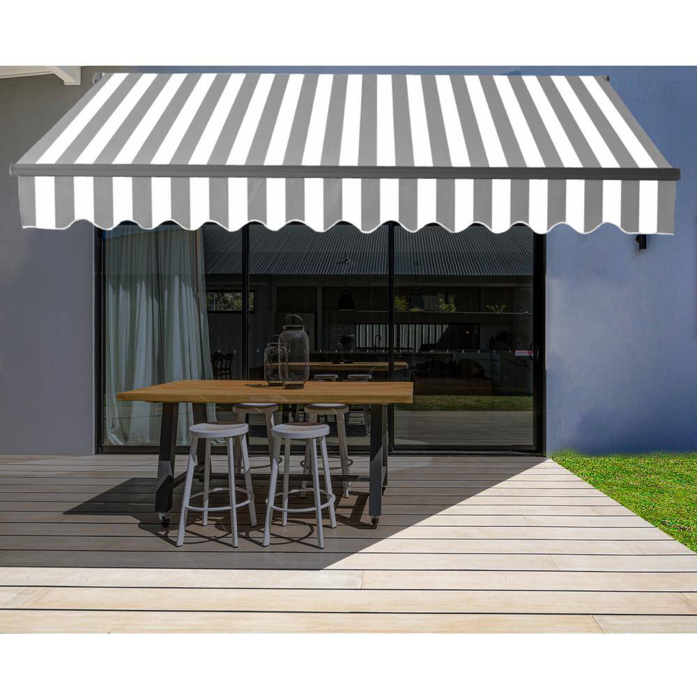 Gray and White Striped Motorized Retractable Patio Awning