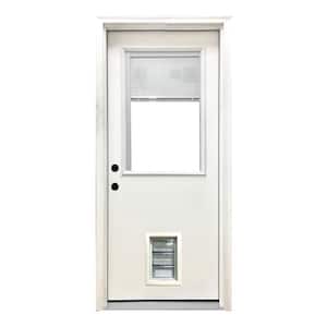 32 in. x 80 in. Reliant Series Clear Mini-Blind RHIS White Primed Fiberglass Prehung Front Door with Med Pet Door