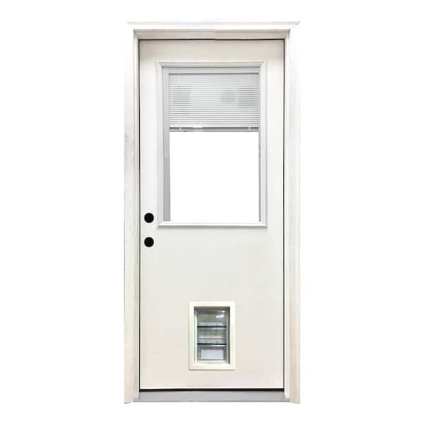 Steves & Sons 32 in. x 80 in. Reliant Series Clear Mini-Blind RHIS White Primed Fiberglass Prehung Front Door with Med Pet Door