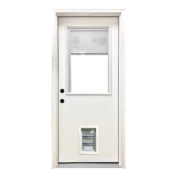 Steves & Sons 36 in. x 80 in. Reliant Series Clear Mini-Blind RHIS White Primed Fiberglass Prehung Front Door with Med Pet Door