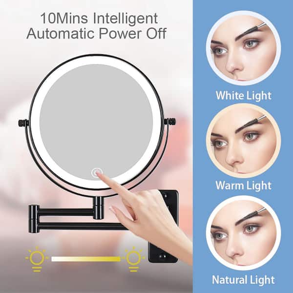 INSTER 8 in. W x 8 in. H Lighted 1x/10x Magnifying Mirror Wall-Mount Bathroom Makeup Mirror in Black (Battery/USB Powered)