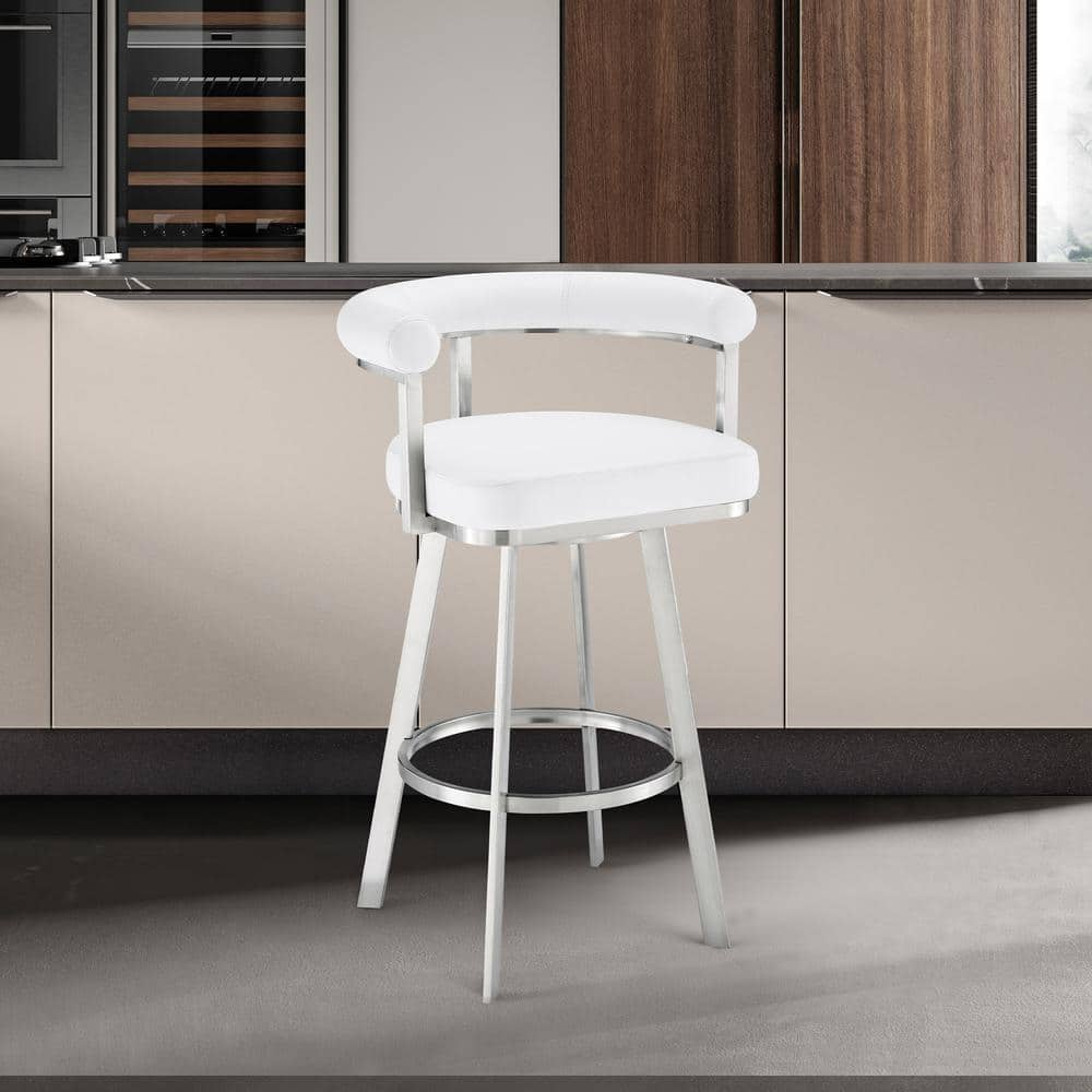 Armen Living Nolagam 34-38 in. White/Brushed Stainless Steel Steel Metal 30 in. Bar Stool with Faux Leather Seat