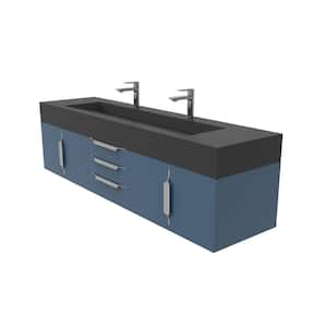 Nile 72 in. W x 19 in. D x 20 in. H Single Sink Bath Vanity in Matte Blue with Chrome Trim and Black Solid Surface Top