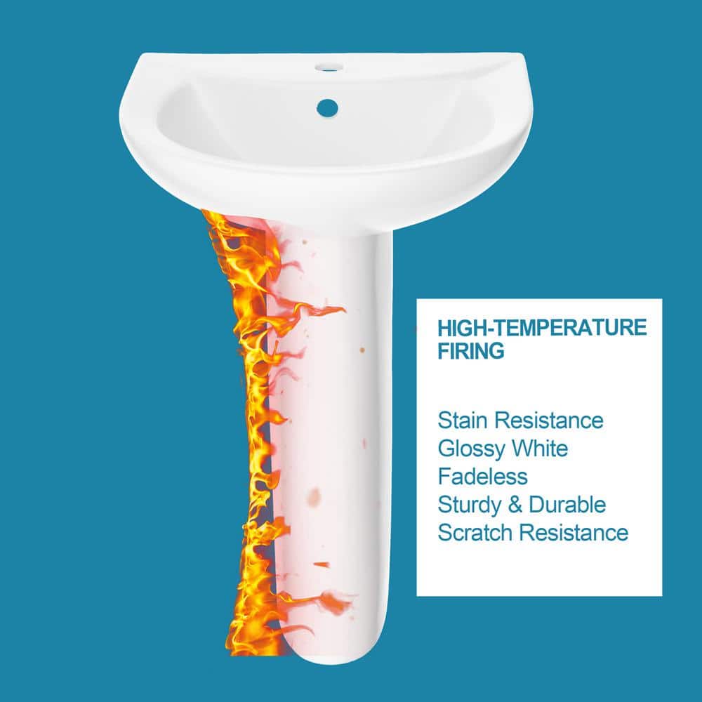 White Ceramic Gloss Pedestal Bathroom Sink with Overflow Drain