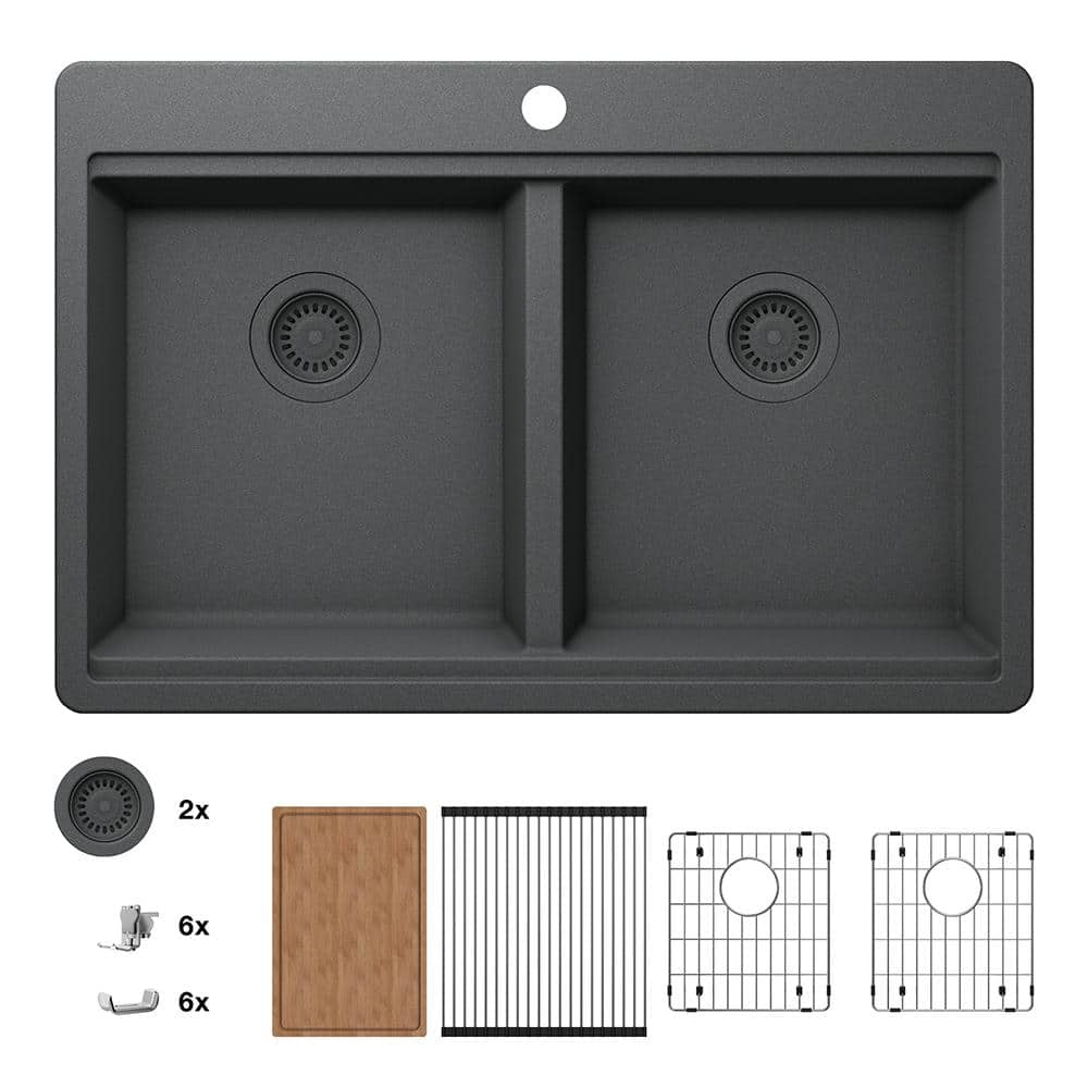 Stonehaven 33 in. Drop-In Double Bowl Charcoal Gray Granite Composite Workstation Kitchen Sink with Charcoal Strainer