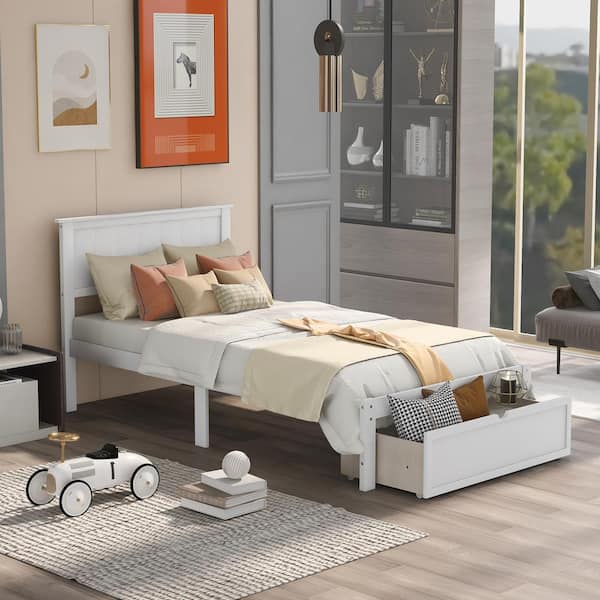 White Frame Twin Size Platform Bed with Under-Bed Drawer