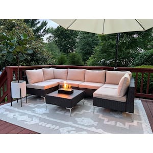 7-Piece Rattan Wicker Outdoor Patio Furniture Set Sectional Sofa Set with Khaki Cushions and Pillows