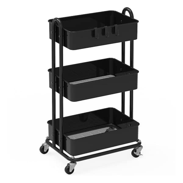 3-Tier Metal -Wheeled Utility Cart in Black