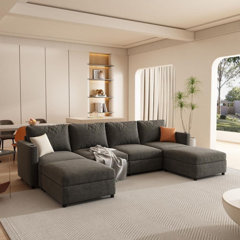 Quinn Modern 123.6 in. Chenille Modular Sectional Sofa in Grey with Storage Function, Ottomans, Cup Holder